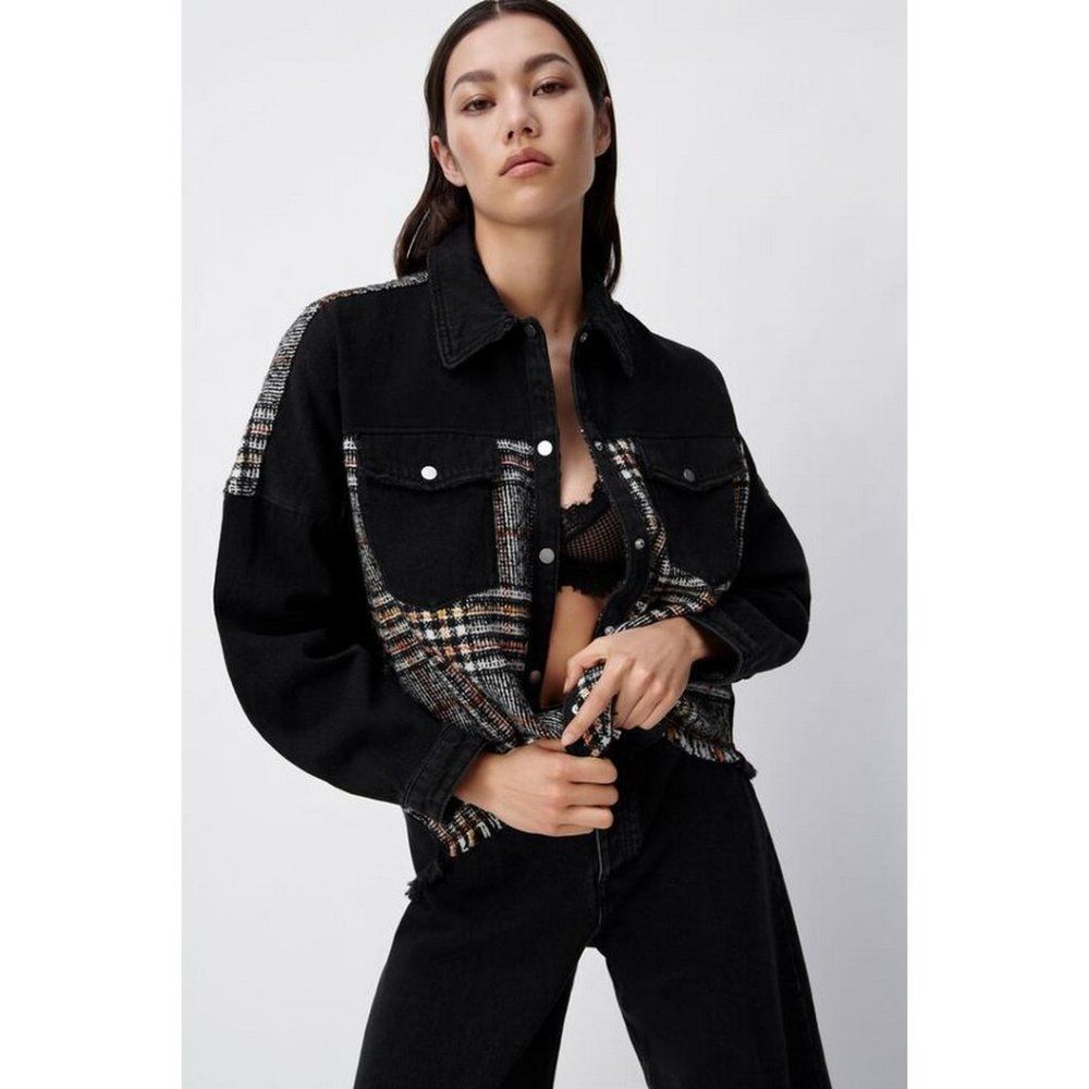Zara Denim Oversized Jacket Fray Hem Snap Front Plaid Black Size S - Picture 2 of 9